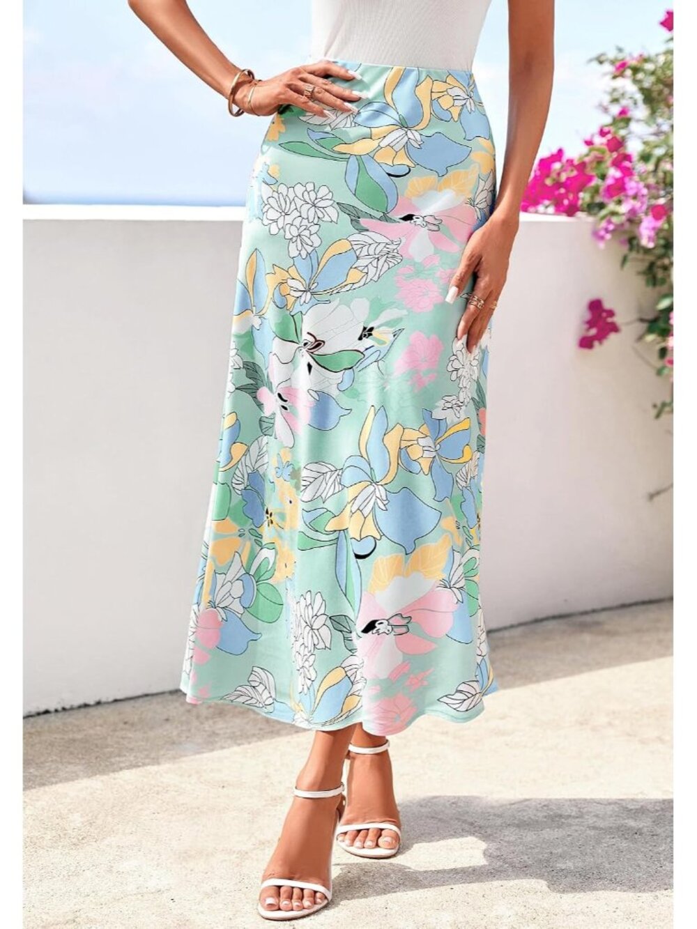 Women Big Floral Blue High Waisted A-Line Silky Flowy Bias Cut Satin Midi Skirt - Picture 2 of 6